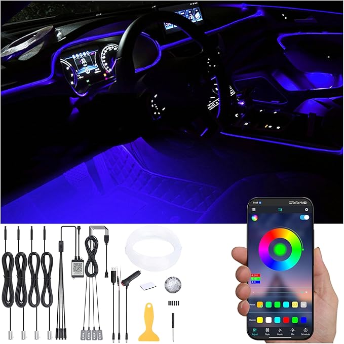 Car Ambient Lighting 64 Colors Multicoloured Music Optic Fiber APP Control Car DIY Decorative Atmosphere Lighting Kit DC 12V 1W 5m