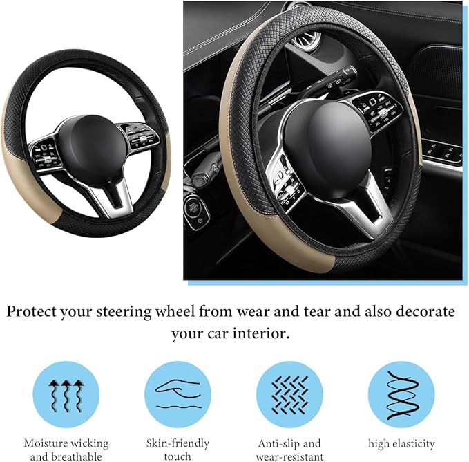 Car Steering Wheel Cover, 15 Inch Anti-Slip Stretch Leather Steering Wheel Protector, Comfortable Breathable Sporty Steering Wheel Cover for Women Men, Car Accessories (Beige, AD)