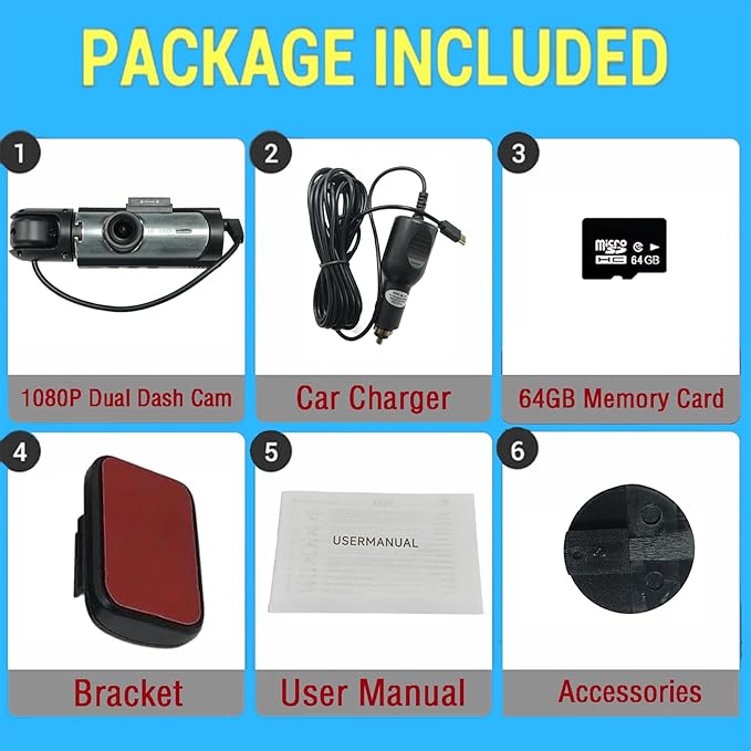 Dual Dash Cam Front and Rear with 64GB Card, 1080P HD IR Night Vision Dash Camera for Cars, G-Sensor Car Dashcam Cameras, 3.16”IPS Screen, 24/7 Parking Monitor, Loop Recording, 170° Wide Angle