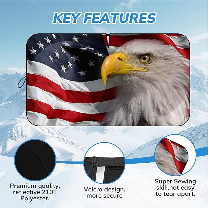 Windshield Sun Shade New American Eagle Flag USA Patriotic Design - Folding Car Front Window Sunshade for Cars SUV Trucks, Max UV Blocking and Keep The Vehicle Cool(64"x33.5")