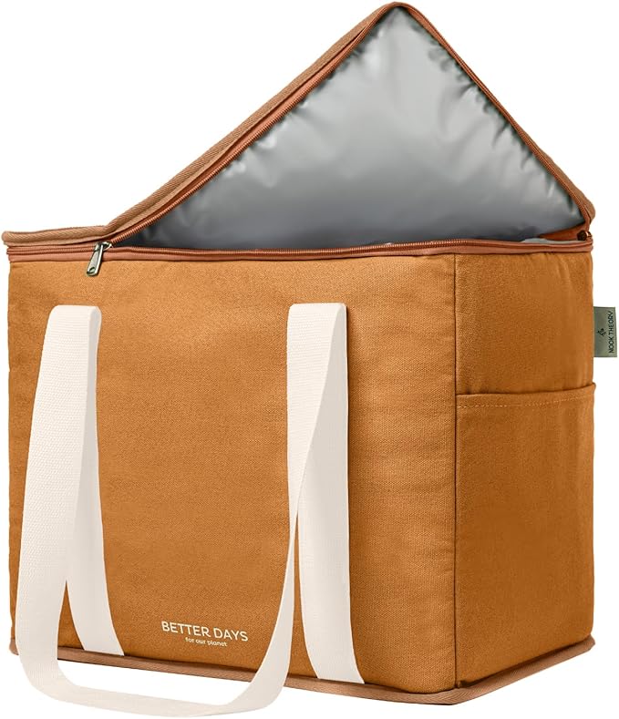 Nook Theory Reusable Insulated Grocery Bag - Leak Proof, X Large Cooler Bag - Insulated Shopping Bags for Groceries - Travel Cooler Bag for Frozen and Hot Food with Zippered Top (Caramel Cream)