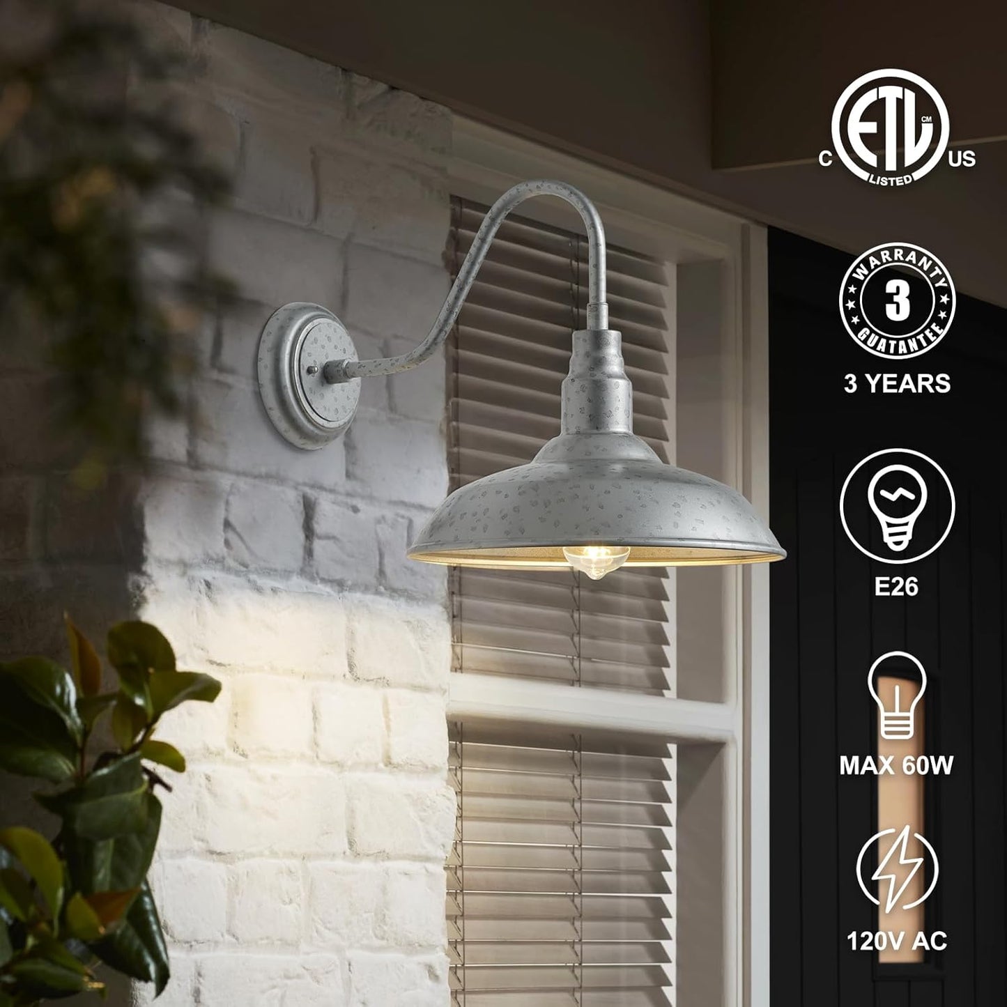 14in Outdoor Gooseneck Barn Lights for Patio, Galvanized Finish Exterior Farmhouse Wall Light Fixtures, Barn Style Porch Wall Sconce for Garage, Front Door