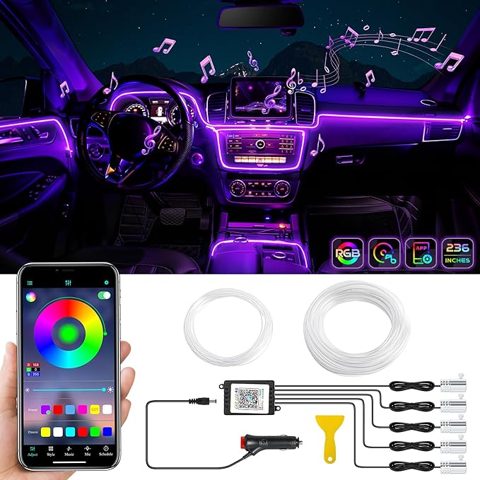 Car LED Interior Strip Light- Wireless Bluetooth APP Control, Multicolor RGB 5 in 1 with 236 inches Fiber Optic Ambient Lighting Kits, 16 Million Colors Sound Active Neon Led Lights Strip for Car