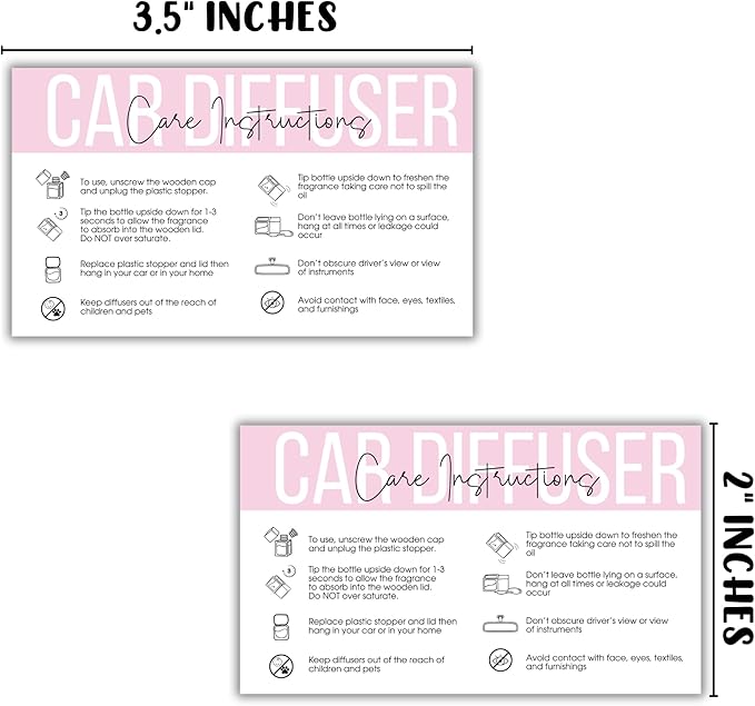Car Oil Freshie Diffuser Care Freshie Instructions Cards | 50 pk 3.5x2” Hanging Oil Wood Top Aroma Air Freshener DIY Bulk Package Inserts Warning Labels Pink