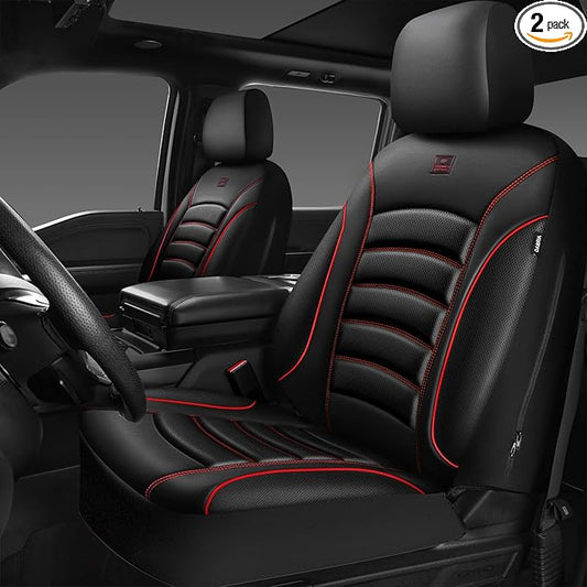 CAR PASS 3D Foam PU Leather Car Seat Covers, Universal Seat Covers Front 2 for Trucks SUV Sedan Automotive Seat Covers Armrest Airbag Compatible Waterproof Comfortable Faux Nappa Leather Black Red