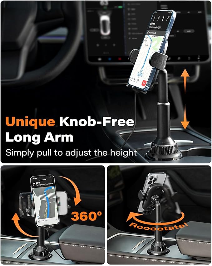 APPS2Car 15W Qi Wireless Car Charger Solid Cup Holder Mount, Adjustable Long Arm & 360° Rotation, Fits 3"–4" Round Cup Holders, Works with Cases ≤ 4 mm (No Metal Attachments)
