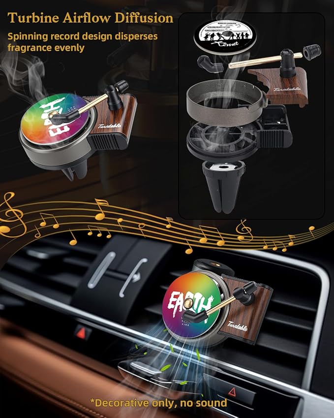 Record Player Car Air Freshener Vent Clip with 15pcs Refill Pads, Retro Black Ice Aromatherapy Diffuser for Singer Merch Gift, Air Freshener Car Decor Accessories, Music Lovers Gifts
