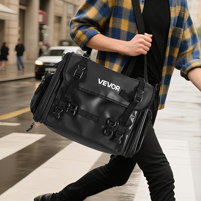 VEVOR Motorcycle Tail Bag, 40-60 L Expandable Motorcycle Rear Seat Bag with Waterproof Rain Cover, Foldable Outdoor Sports Motorbike Luggage Storage with Shoulder Straps, Pocket & Elastic Cord, Black