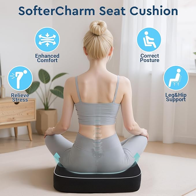 Seat Cushion, Memory Foam Office Chair Cushions for Long Sitting Hours, Chair Pad for Sciatica, Coccyx, Tailbone, Hip Pain & Pressure Relief, Office, Home, Car Seats, Airplane, Black/Large
