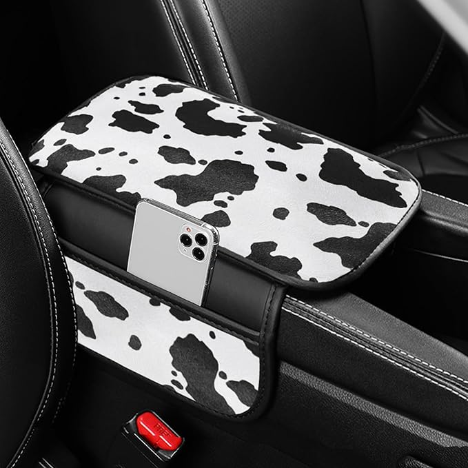 Cow Print Car Center Console Cover PVC Leather Armrest Cushion with 2 Storage Bags Universal Car Armrest Seat Box Pad Car Interior Accessories Protector for Women Men (White Black)