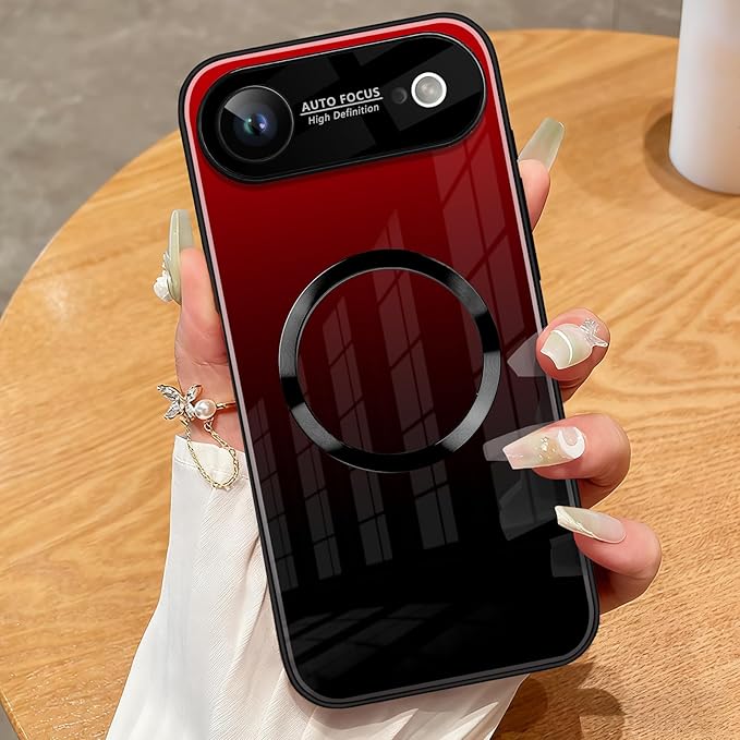 Guppy Compatible with iPhone Air Magnetic Case, with Full Camera Lens Protector [Compatible with MagSafe] Scratch Resistant Gradient Glass Back Cover Phone Case-Red