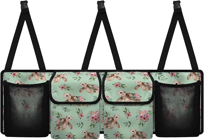 Sea Turtle Flower Car Trunk Organizer, Backseat Hanging Large Storage with Adjustable Straps & 4 Pockets, Waterproof Cargo Bag, Car Interior Accessories