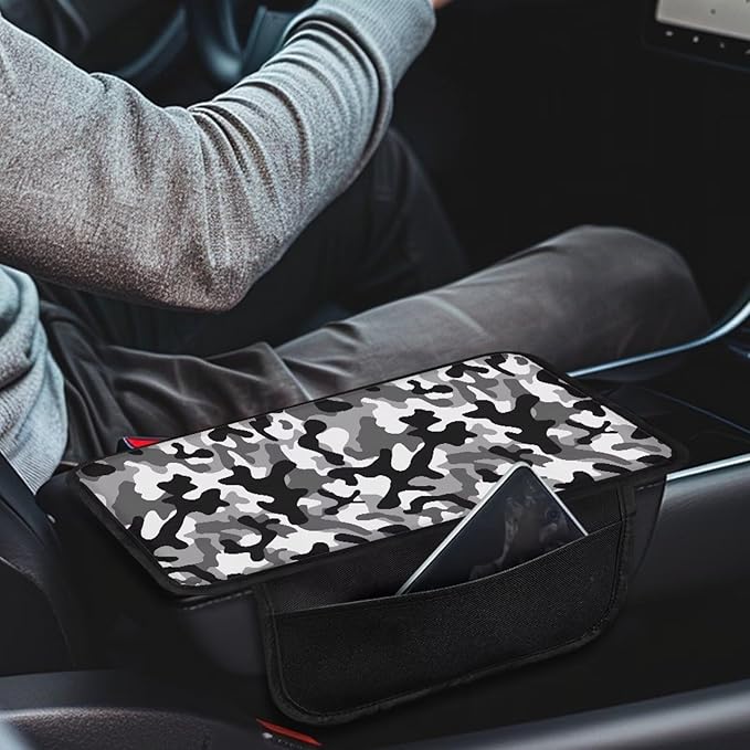 Black Gray Camo Pattern Car Center Console Cover Stretchy Vehicle Armrest Cushion Waterproof Car Armrest Storage Box Mat Universal for Most Vehicle SUV Truck Car