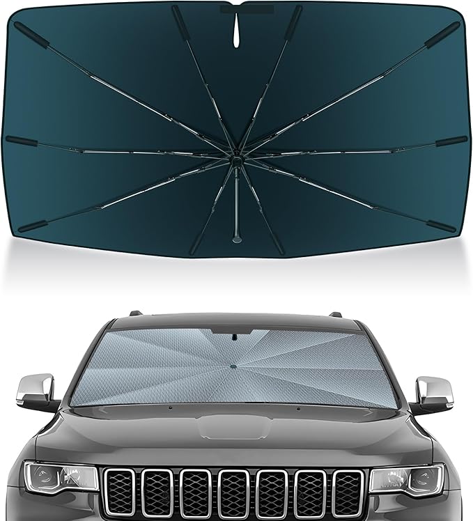 Autorder Windshield Sun Shade Umbrella for 2011-2021 Jeep Grand Cherokee Accessories,Upgraded Ice Crystal Material,Easy Setup Umbrella Sunshade for Car Windshield,100% Sun Blocking