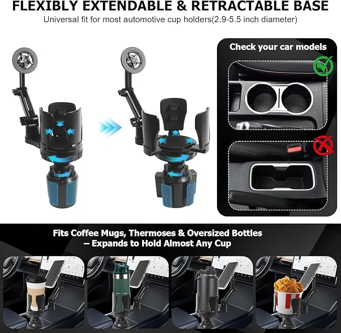 Frani Car Cup Holder Expander with Magnetic Phone Mount - Adjustable Insert Fits 2.68-4.33" Holders, 360° Adjustable Neck & Strong N52 Magnets for iPhone Samsung