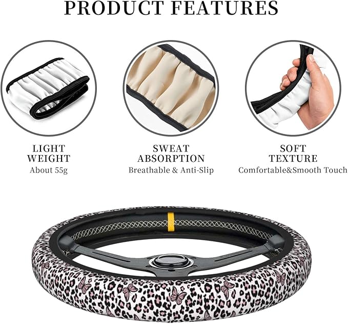 Black And White Leopard Print Auto Car Pink Butterfly Steering Wheel Cover Universal 15 Inch Neoprene Interior Decor Protection Accessories