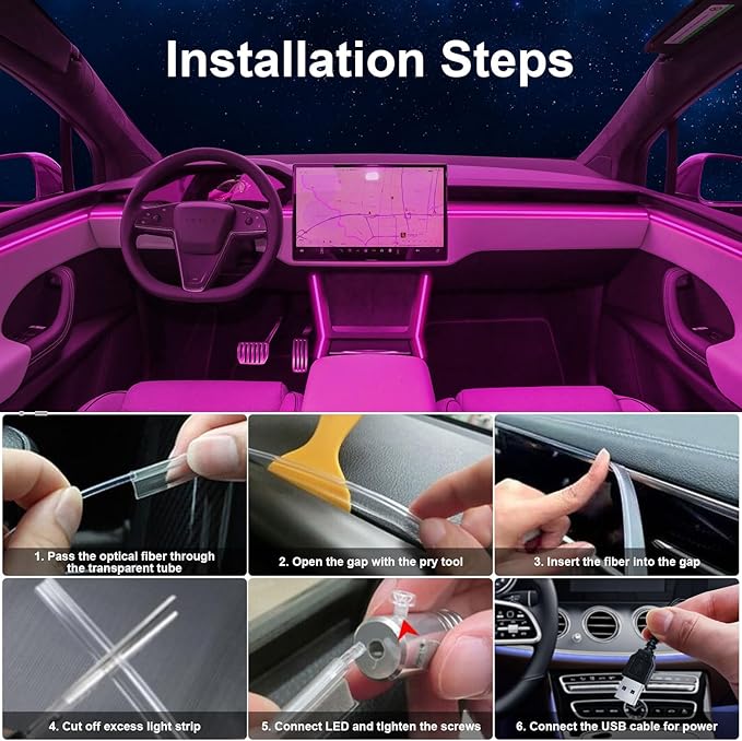 Interior Car LED Lights with Wireless APP/RF Remote Control, RGB 6 in 1 Ambient Lighting Kit with 315 Inches Fiber Optic,16 Million Color Neon Strip Inside Sync to Music,Car Decorations Accessories