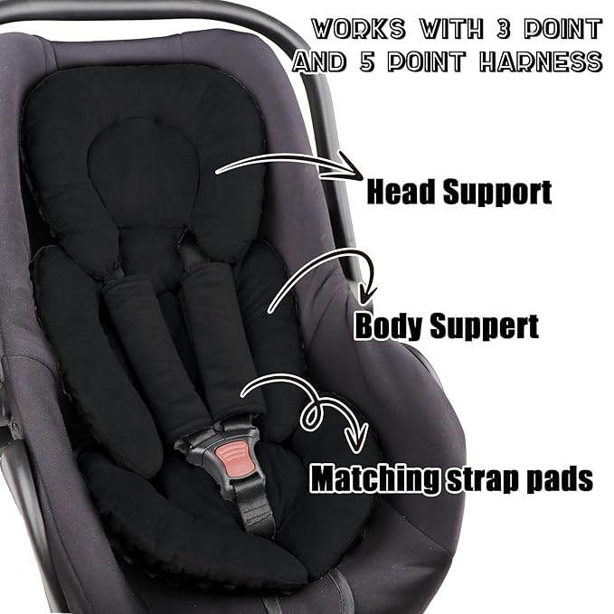 GFU Infant Car Seat Insert Head and Body Support, Reversible Newborn Insert for Carseat with Strap Pads, Soft Stroller Cushion Pillow Insert for Boys and Girls, Fits for Stroller, Swing, Black