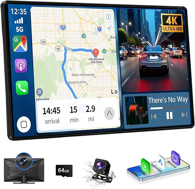 Wireless Carplay 11.3" A pple Carplay Screen for Car with 4K Dash Cam 1080P Backup Camera, Car Stereo for Carplay & Android Auto GPS Navigation/Bluetooth/Mirror Link/Voice Control/AUX/FM/Siri