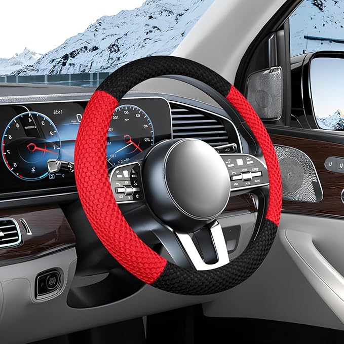 Car Steering Wheel Cover, 15" Breathable Soft Vehicle Steering Wheel Protector with Anti-Slip Lining, Automobile Interior Decoration Accessories, Universal for Sedan Truck SUV (Black/Red)