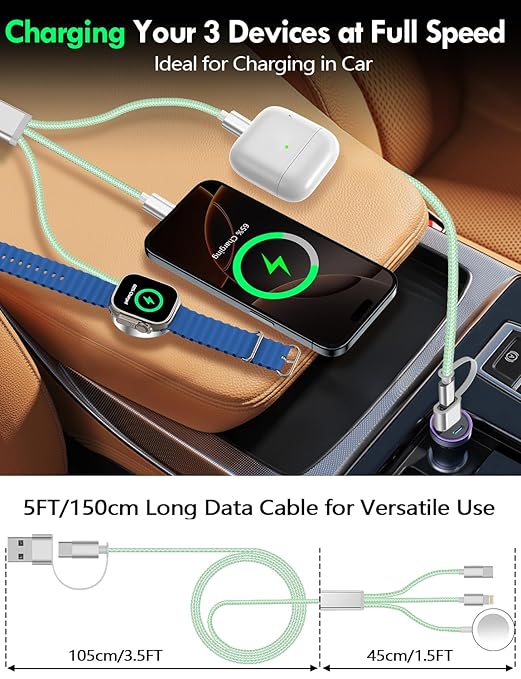 Travel Essentials for Apple Watch Charger,iPhone Charger,3 in 2 Type C/L/Magnetic Fast Charging Cable,Multi Charging Cable Portable Designed for iWatch Series,iPhone 17-11,Galaxy S26-S21,Car-5FT