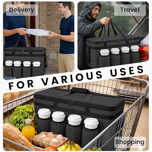 CIVJET Insulated Food Delivery Bag with 4 Cup Holders, XX-Large Insulated Grocery Bags Keep Food Hot/Cold, Cooler Bags with Drink Carrier, Food Carrier Catering Bag, Commercial Food Warmers, Black