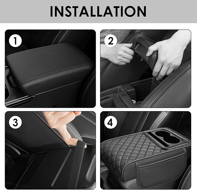 Car Center Console Cover, Leather Car Armrest Cover with Storage Box, Cup Holder, Phone Slot, Waterproof Arm Rest Protector Cushion Automotive Accessories (Black)