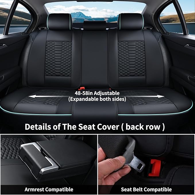 Coverado Leather Seat Covers, Car Seat Covers Full Set, Nappa Leather Seat Covers for Cars, Car Seat Protector Waterproof, Black Car Seat Cover, Universal Seat Cover Fit for Most Cars(Black&Blue)