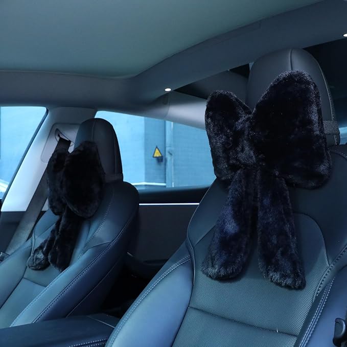 Macarrie 2 Pcs Car Neck Pillow Plush Butterfly Bow Car Headrest Pillow Comfortable Seat Neck Support Cute Car Head Rest Accessories for Driving Travel Driver Chair Girl Style Interior Decor (Black)
