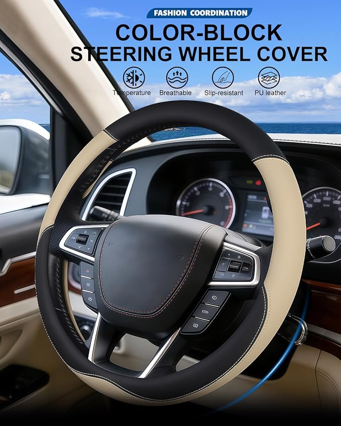Heavy-Duty Steering Wheel Cover for RV Trucks & Campers - Non Slip Covers, Steering Wheel Grip for Motorhomes & Recreational Vehicles, Fits Oversized 15.5-16 Inch Wheels (Beige)
