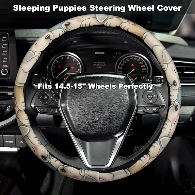 Sleeping Puppies Steering Wheel Cover for 14.5-15 Inch (37-38 cm) Wheels, Premium Fabric with Non-Slip Rubber Inner Ring (Sleeping Puppies & Stars)