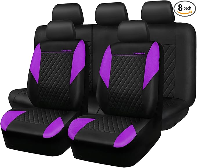 CAR PASS Purple Leather Seat Covers, Quilting Pretty Car Seat Cover with 5mm Composite Sponge Inside,Airbag Compatible,Universal Fit for Most Sedan SUV Van Truck (Full Set,Purple)