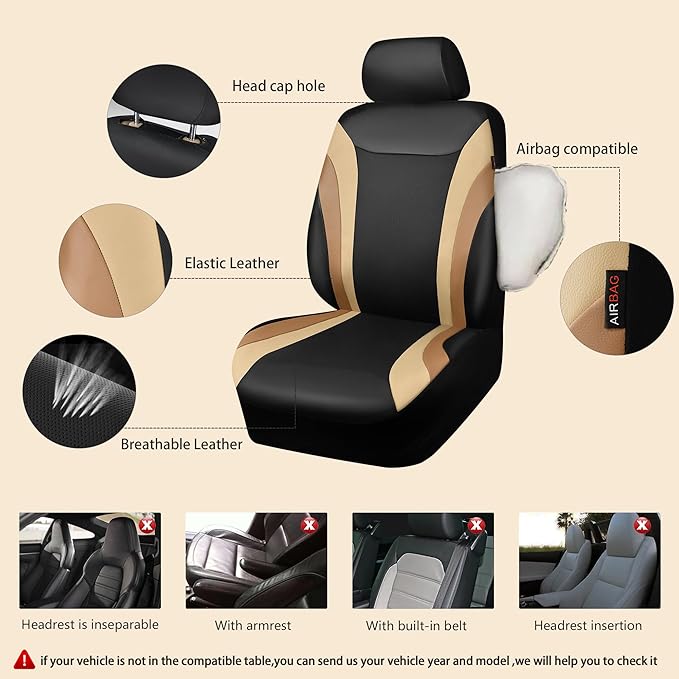 CAR PASS Line Rider Leather Car Seat Covers Sporty Car Seat Covers Full Set,5mm Composite Sponge,Airbag Compatible,Universal Fit 95% Automotive SUV Sedan(Black Beige)