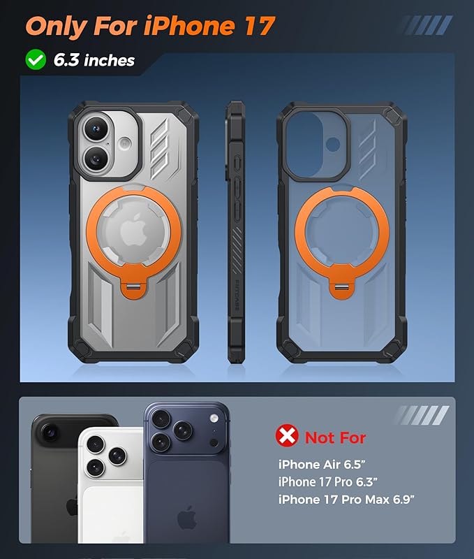 FNTCASE for iPhone 17 Phone Case: [360 Spin Magnetic Ring Kickstand] [Compatible for MagSafe] [Screen Protector] Heavy Duty Military Grade Protection Protective Phone Case with Stand Orange