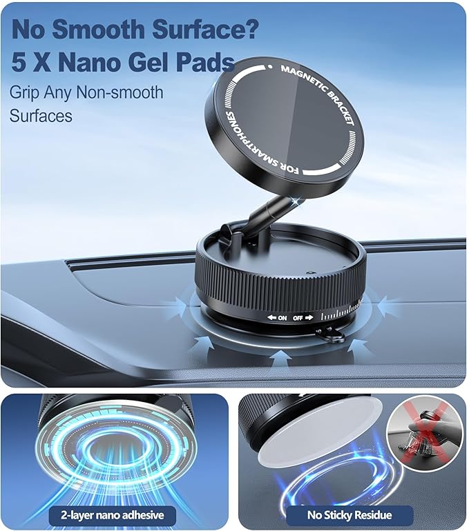 Suction Cup Phone Mount, Vacuum Magnetic Phone Holder Stand for Car, 5 Nano Gel Pads for Smooth/Rough Surfaces, 360° Rotatable Strong Grip Phone Stand for All Smartphones, Driving Home (Black)