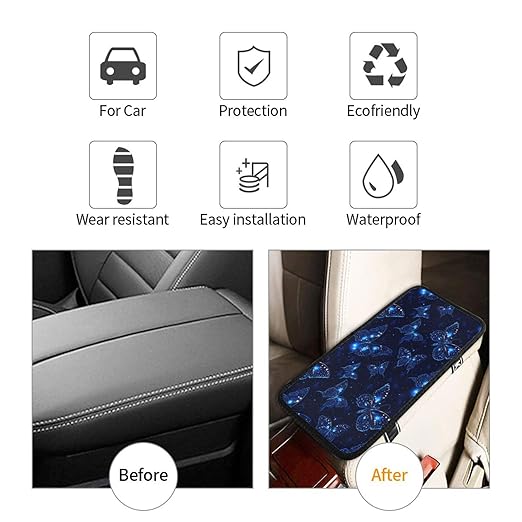 Glowing Neon Blue Celestial Style Butterfly Car Auto Armrest Cushion Cover Accessories Center Console Seat Box Pad Protector Universal Decoration for Most Vehicle SUV Truck