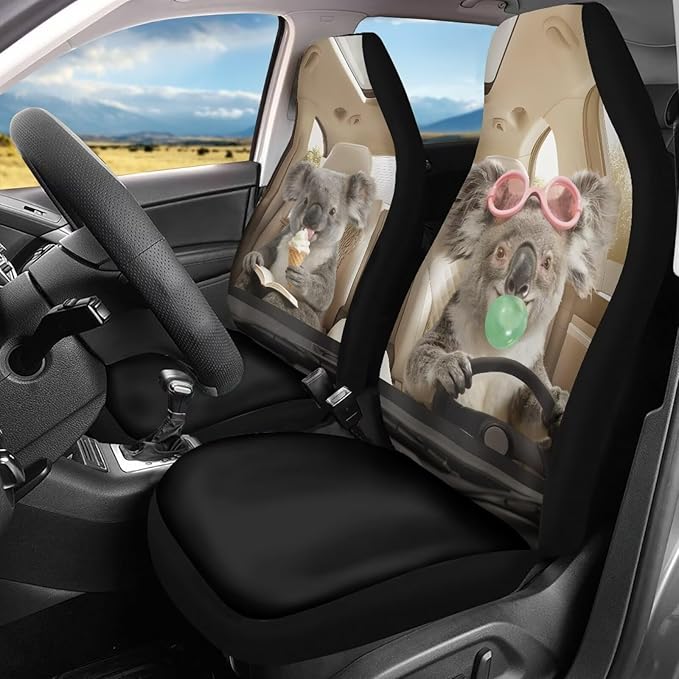 Koala Front Car Seat Cover Nonslip Funny Auto Interior Accessories 2 Pcs Set Stretch Polyester Fabric Cover All-Season Protection Suitable for Most Cars,SUV,Sedan