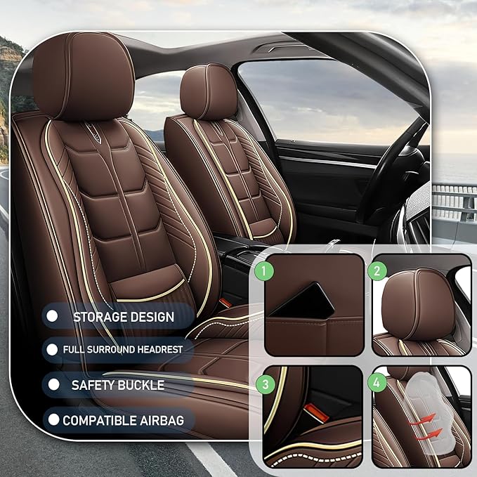 Leather Car Seat Covers Fit for Toyota Sequoia 2001-2024, 5 Seater Car Seat Cover, Premium Waterproof, Scratch Resistant Car Interior Accessories (Full Set Coffee)