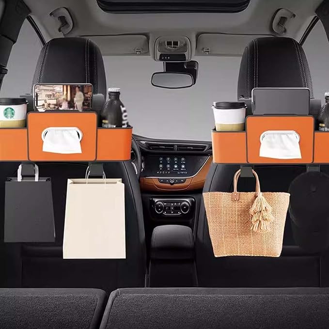 3-in-1 Car Backseat Organizer, 2026 Upgraded Multifunctional Car Seat Back Storage Box, Backseat Car Organizer with 2 Cup Holders, Tissue Box & Hooks, Universal Car Essentials (Brown)