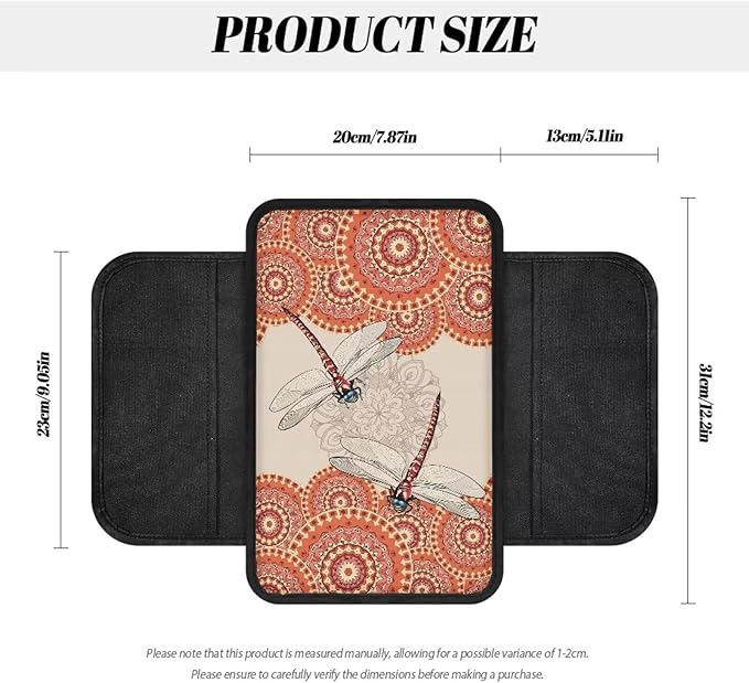Dragonfly Bohemia Mandala Pattern Car Armrest Cover Stretchy Vehicle Box Cover Protector Lightweight Auto Center Console Pad Armrest Seat Box Cover Protector