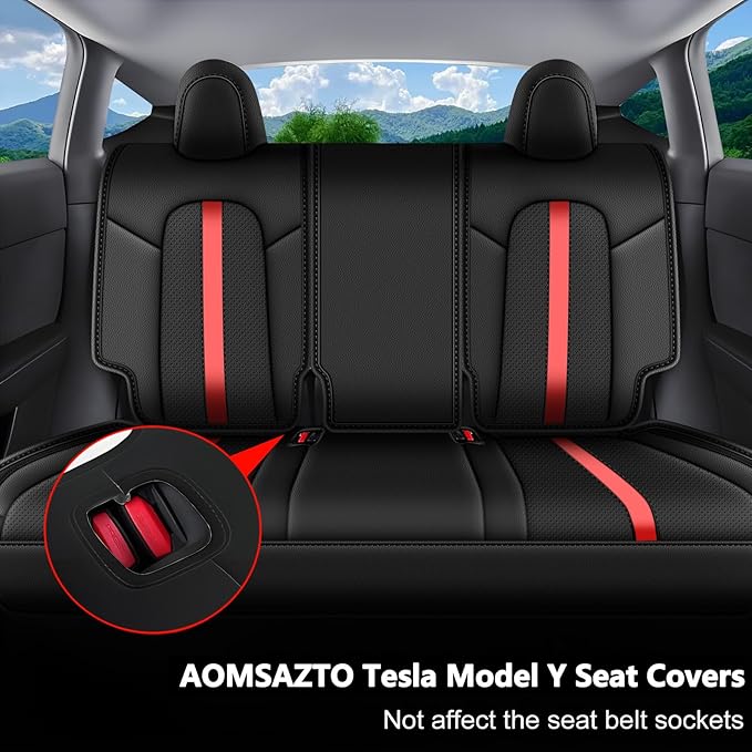 AOMSAZTO Car Seat Cover Fit for Tesla Model Y 2020 2024 - Half Surrounded Customized Seat Covers(Black with Red Stripe)