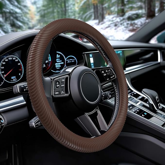 WOCOCN Car Steering Wheel Cover, Thin Anti-Skid Silicone Steering Wheel Cover for Men & Women, Universal Automotive Interior Accessories for Most Cars (Brown)
