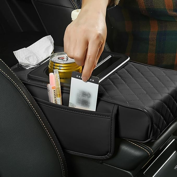 Car Armrest Cushion, 5-in-1 Center Console Cover with 2 Storage Bags Cup Holder, Cup Holder Tissue Slot Phone Slot for Car, Universal Car Armrest Box Cover Protection Pad for Most Vehicles (E)