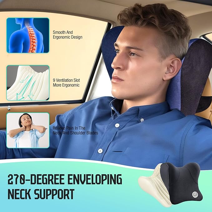 Car Neck Pillow for Driving Seat, Soft Memory Foam Headrest Pillow with Adjustable Strap and Removable Cover, Ergonomic Neck Support for Car, Office Chair, Gaming Chair – Blue