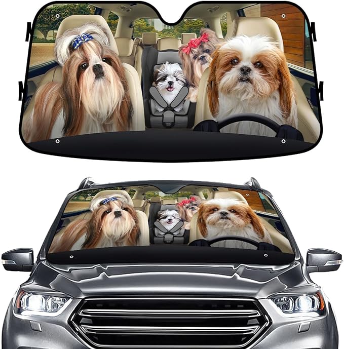 GENANY Cute Shih Tzu Dog Family Funny Windshield Sun Shade for Car SUV Truck (55x30 Inches), Sun Shade Windshield for Windows, Protector Blocks UV, Spring Car Decor