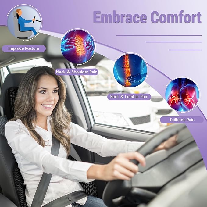 Car Seat Cushion and Lumbar Support Headrest Pillow Mesh Cover Memory Foam Ergonomic Car Cushion Back Neck Support Pillow Sciatica & Back & Tailbone Pain Relief Pillow Black