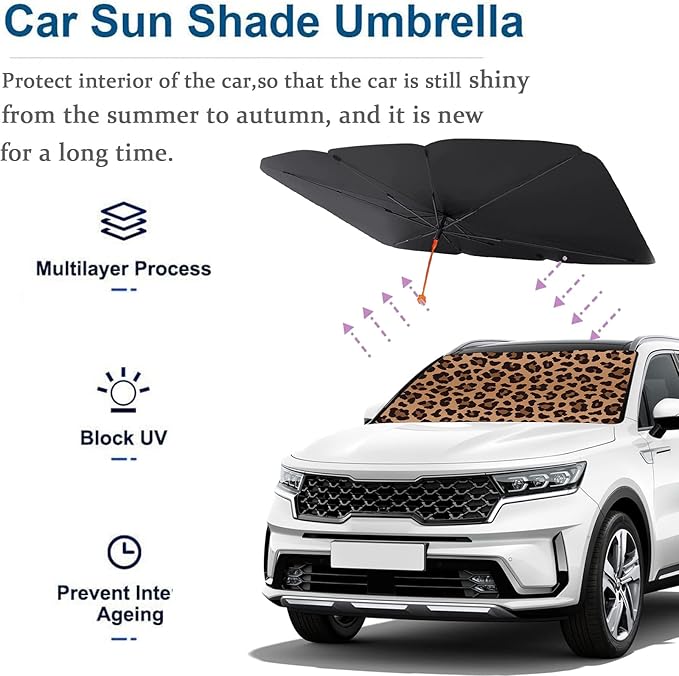 Socira Leopard Print Car Windshield Sunshade Umbrella, 57" x 30", Blocks UV Rays, Keeps Car Cool, Foldable, Compatible with Most Cars, Trucks, SUVs