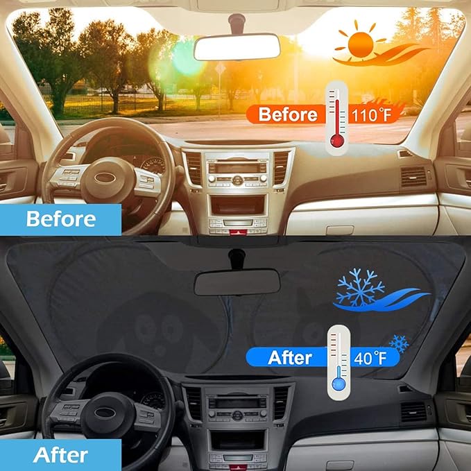 IC ICLOVER Car Windshield Sunshade with Pet Design, Cute Cartoon Design Front Auto Car Windshield Sun Shade Folding Silvering Sun Visor - UV Coating for UV Ray Deflector (Dog & Cat) - Small