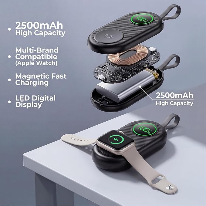 2026 Upgraded 2500mAh Portable Charger for Apple Watch, 2-in-1 Magnetic Wireless Fast Charging for Apple Watch Charger - Compact iWatch Accessories for RV, Camping, Car & Travel Essential