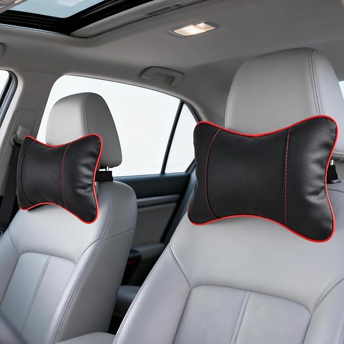 2 Pack Car Neck Pillow Soft Breathable Headrest Pillows for Driving Support, Universal Fit for Most Car Seats Decor Accessories（Black Red）